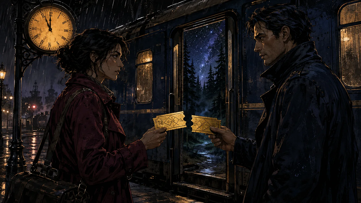 Two strangers compare halves of a golden ticket beside a train opening into a moonlit forest.