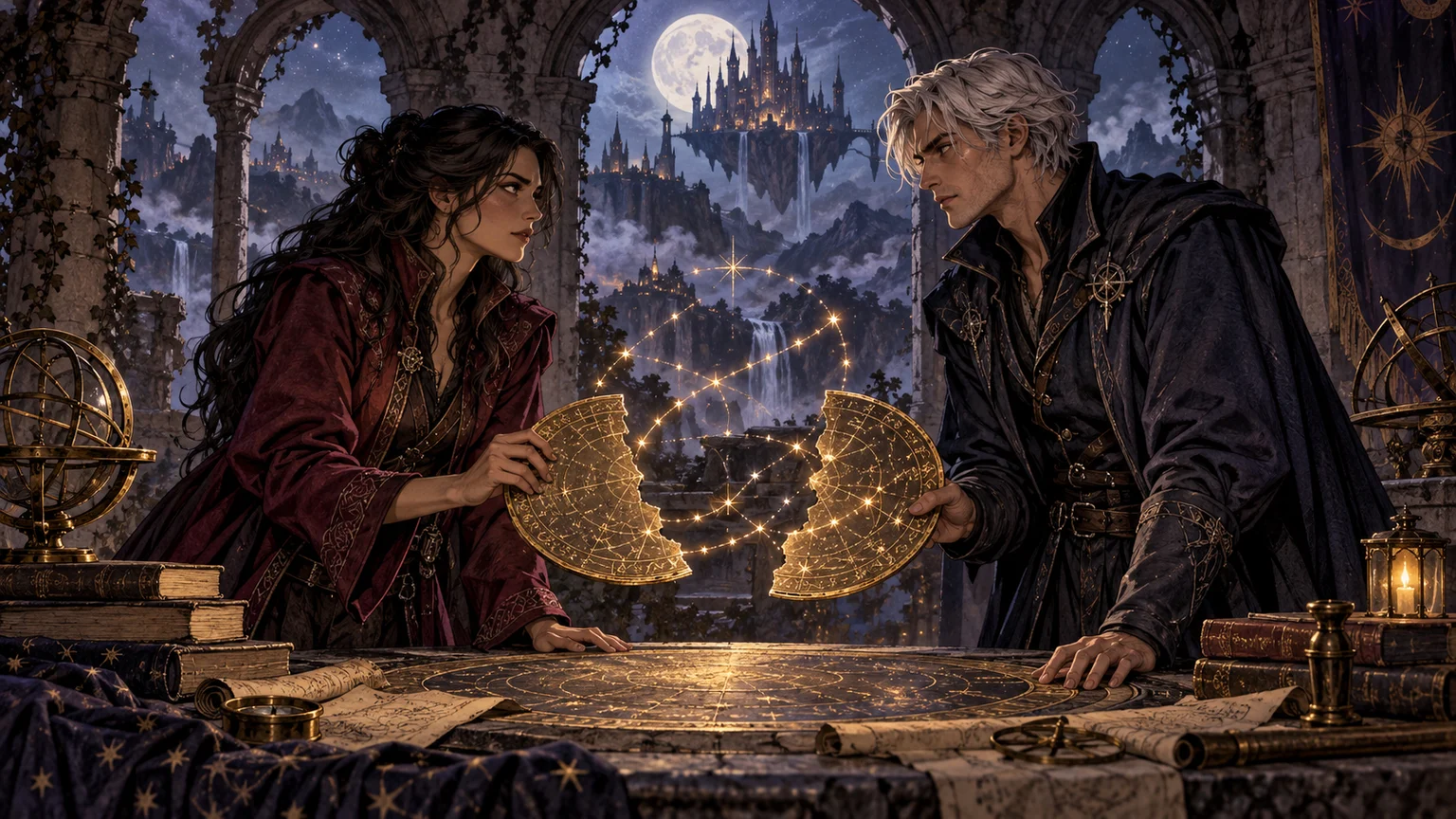 Two rival adult spellcasters hold halves of a glowing star map in a moonlit observatory above a floating castle.